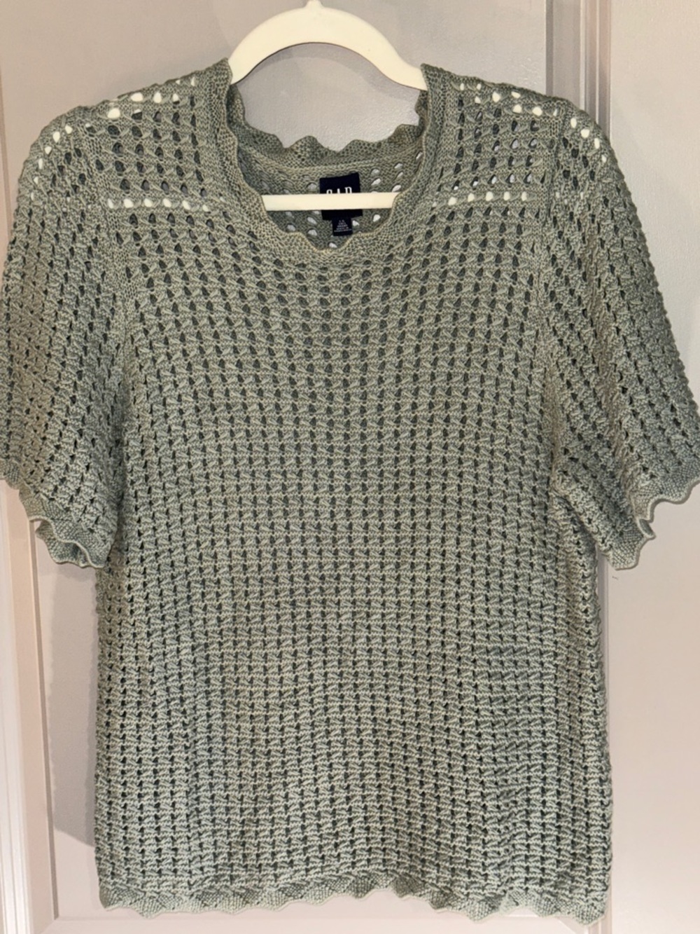 GAP Light Sage Open-Knit Crochet Short Sleeve Top